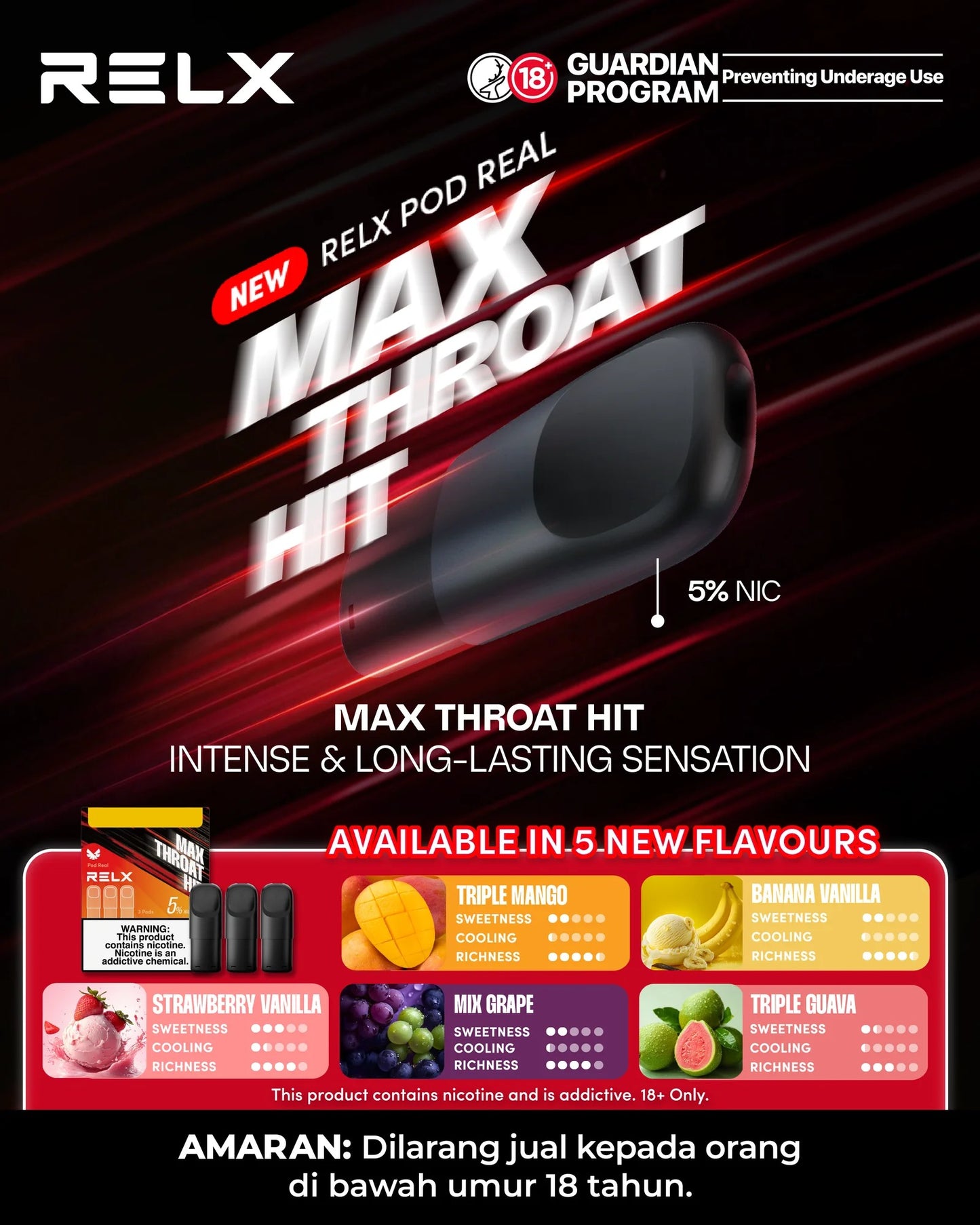 正品悦刻Relx Pod Real马来版击喉系列(5%尼古丁)-三颗装,多口味可选