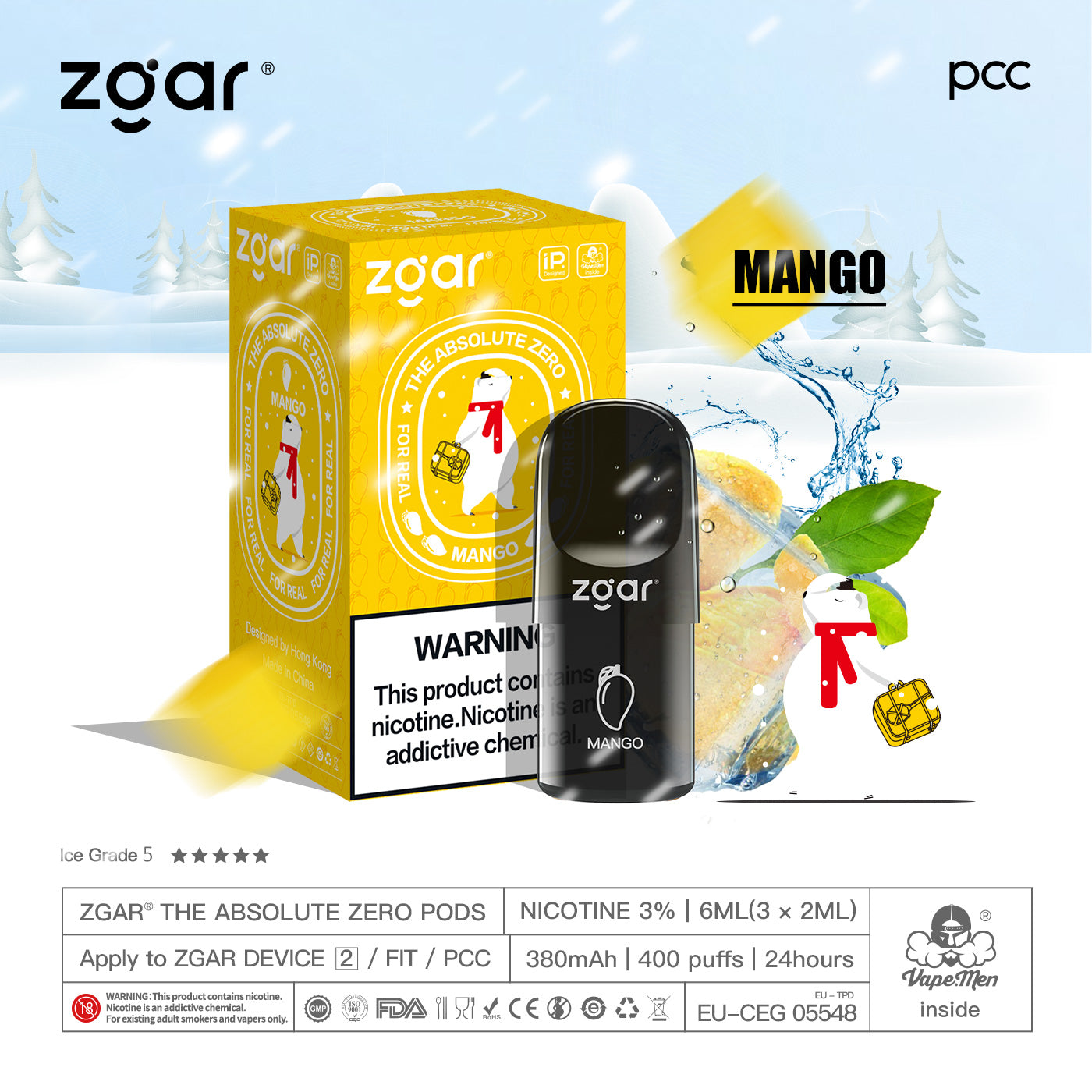 冰熊zgar 4/5代烟弹 芒果3pods(三颗装)悦刻国标/海外四五六代杆子可通用