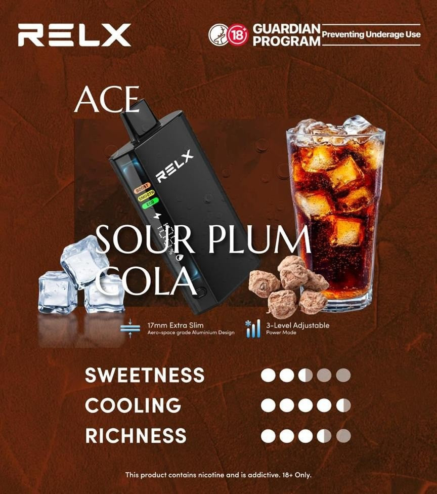 正品悦刻RELX ACE 30000口超大容量冰爽系列航空级铝材超薄设计三档功率可调智能液晶显示电量油量一次性电子烟-多口味可选 酸梅可乐