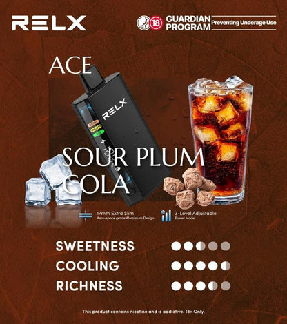 正品悦刻RELX ACE 30000口超大容量冰爽系列航空级铝材超薄设计三档功率可调智能液晶显示电量油量一次性电子烟-多口味可选 酸梅可乐