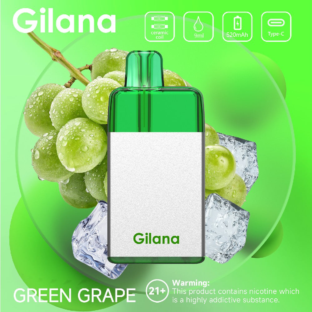 正品吉拉娜冰立方 Gilana Ice Cube 7000口劲爽冰感系列三色指示灯电量显示可视化油仓一次性电子烟-多口味可选 青提冰