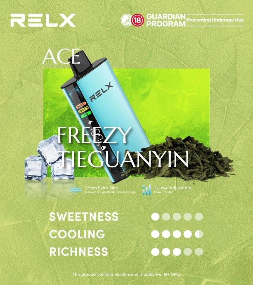 正品悦刻RELX ACE 30000口超大容量冰爽系列航空级铝材超薄设计三档功率可调智能液晶显示电量油量一次性电子烟-多口味可选 冰爽铁观音