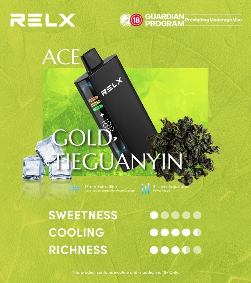 正品悦刻RELX ACE 30000口超大容量冰爽系列航空级铝材超薄设计三档功率可调智能液晶显示电量油量一次性电子烟-多口味可选 金铁观音