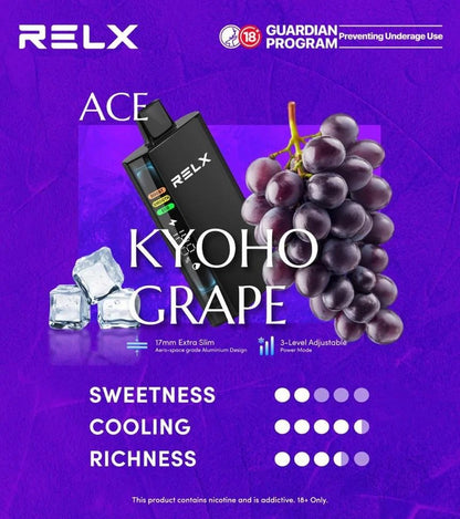 正品悦刻RELX ACE 30000口超大容量冰爽系列航空级铝材超薄设计三档功率可调智能液晶显示电量油量一次性电子烟-多口味可选 京都葡萄
