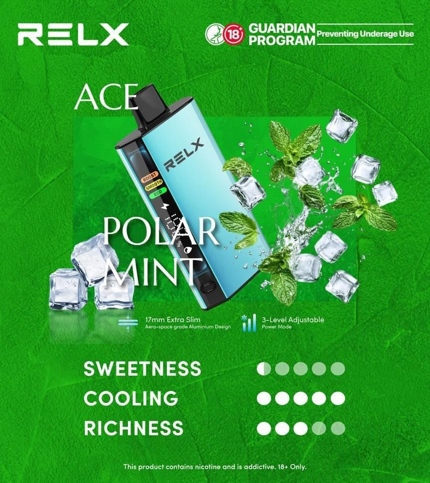 正品悦刻RELX ACE 30000口超大容量冰爽系列航空级铝材超薄设计三档功率可调智能液晶显示电量油量一次性电子烟-多口味可选 极地薄荷
