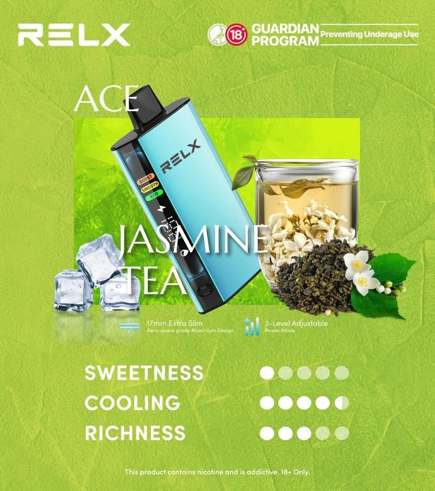 正品悦刻RELX ACE 30000口超大容量冰爽系列航空级铝材超薄设计三档功率可调智能液晶显示电量油量一次性电子烟-多口味可选 茉莉花绿茶