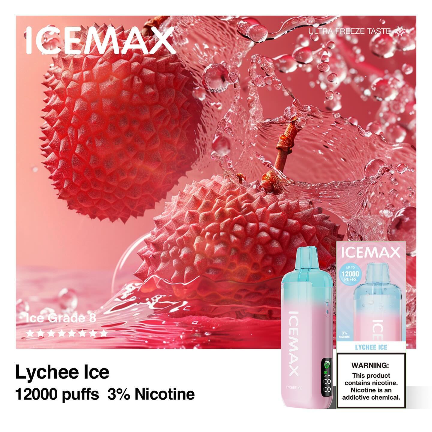 正品冰暴Icemax Ultra Freeze Taste 12000口超冰爽液晶显示屏一次性电子烟-多口味可选 草莓冰