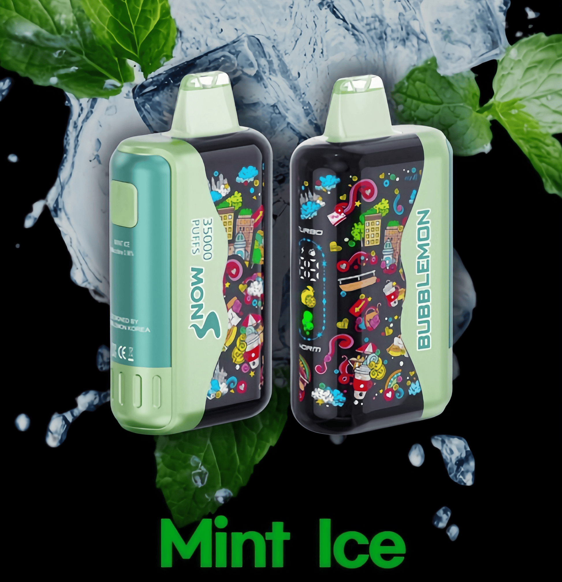 正品韩版BUBBLE MON GRAFFITI巴布梦泡泡兽满天星炫彩壁纸LED灯效35000口可调功率含隐藏口味一次性电子烟 冰薄荷