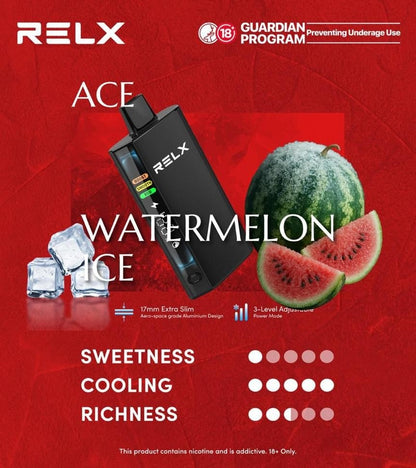 正品悦刻RELX ACE 30000口超大容量冰爽系列航空级铝材超薄设计三档功率可调智能液晶显示电量油量一次性电子烟-多口味可选 西瓜冰