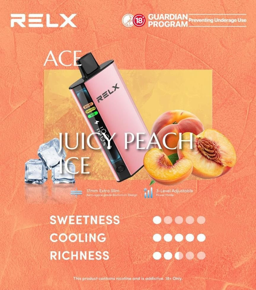 正品悦刻RELX ACE 30000口超大容量冰爽系列航空级铝材超薄设计三档功率可调智能液晶显示电量油量一次性电子烟-多口味可选 多汁水蜜桃