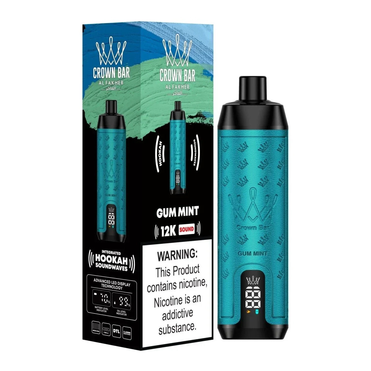 正品阿尔法赫皇冠系列AL FAKHER CROWN BAR 12000口低尼水烟声波油量电量显示大烟雾电子烟-多口味可选 薄荷口香糖