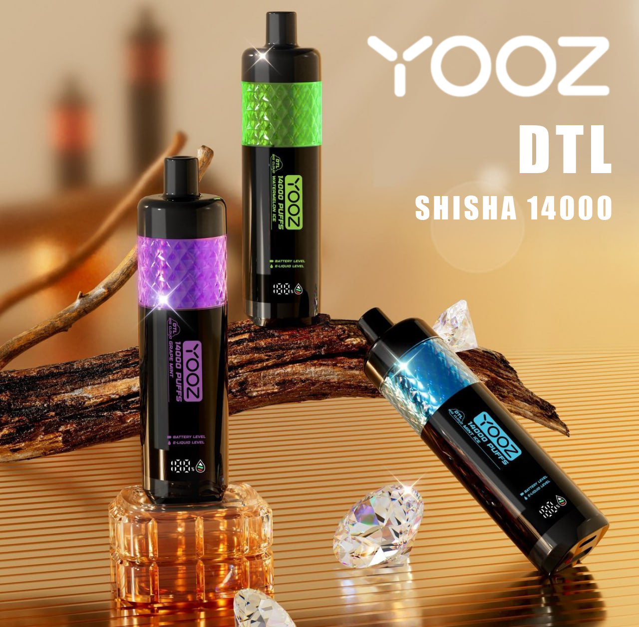正品柚子水烟YOOZ SHISHA 14000口 DTL水晶炫彩钻石切割工艺大烟雾肺吸模式油量电量显示一次性电子烟-多口味可选