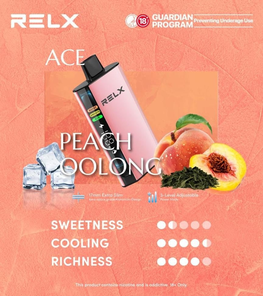 正品悦刻RELX ACE 30000口超大容量冰爽系列航空级铝材超薄设计三档功率可调智能液晶显示电量油量一次性电子烟-多口味可选 白桃乌龙茶