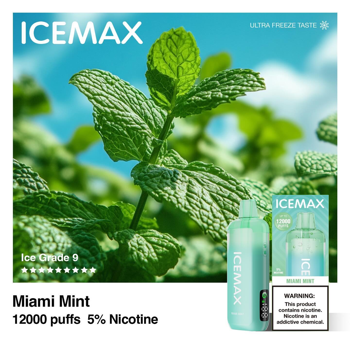 正品冰暴Icemax Ultra Freeze Taste 12000口超冰爽液晶显示屏一次性电子烟-多口味可选 迈阿密薄荷