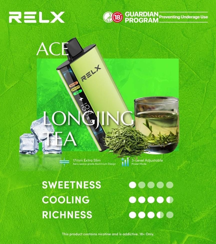 正品悦刻RELX ACE 30000口超大容量冰爽系列航空级铝材超薄设计三档功率可调智能液晶显示电量油量一次性电子烟-多口味可选 龙井冰茶