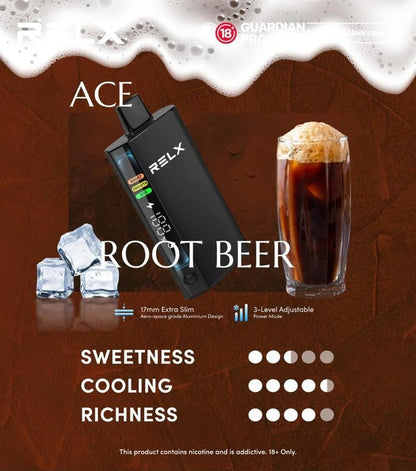 正品悦刻RELX ACE 30000口超大容量冰爽系列航空级铝材超薄设计三档功率可调智能液晶显示电量油量一次性电子烟-多口味可选 沙士可乐(根啤)