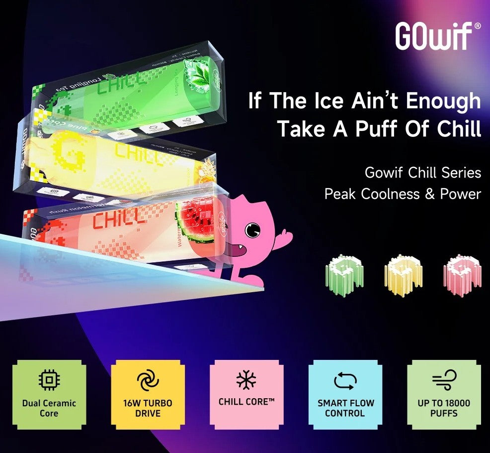 正品高维GOwif Chill极凉系列18000口双陶瓷芯涡轮大功率透明油仓电量油量显示长续航一次性电子烟-多口味可选